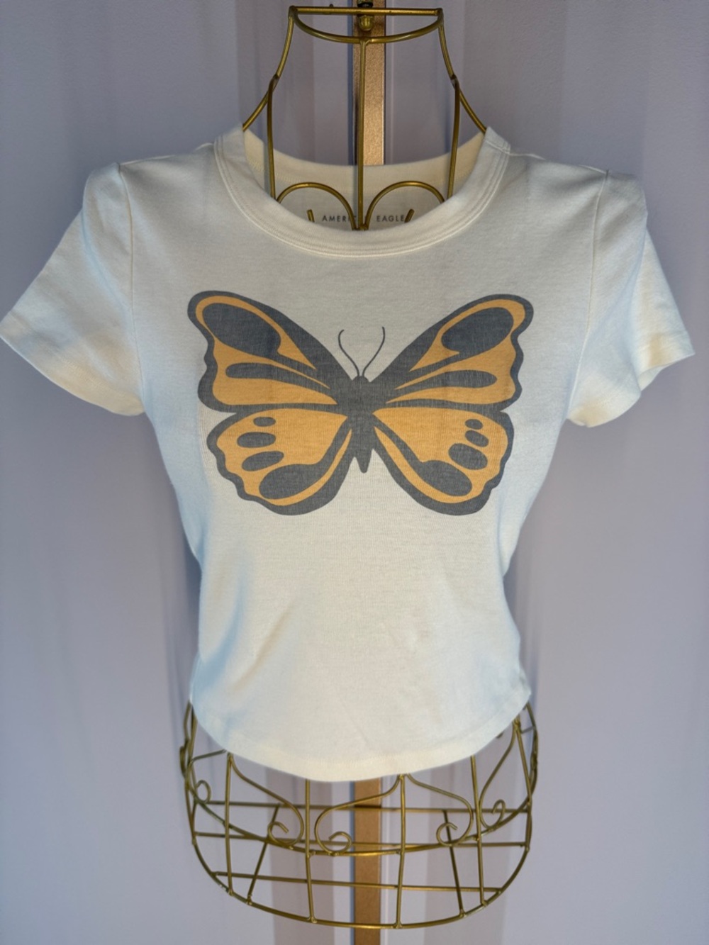 American Eagle AE Hey Baby Butterfly Graphic Tee Shirt Top - Small - Cream White